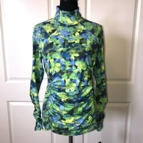 NILS Asymmetric Zip Neck Pullover Cinch Side Floral Workout Top Green Size Small - Picture 2 of 6